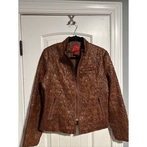 V Cristina Women L Cool Unique Faux Brown Leather Full Zip Lined Jacket